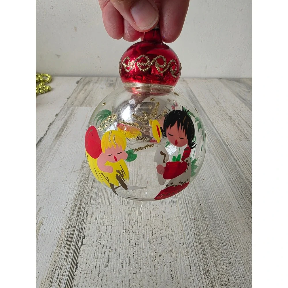 Vintage Italian reflector Nativity glass dome ornament teardrop Xmas tree